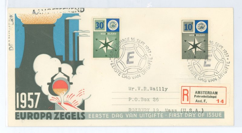 Netherlands 372-73 1957 Europa; Registered FDC Amsterdam-Boston-Roxbury