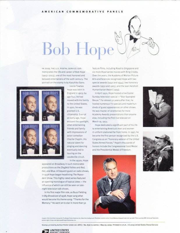 USPS Commemorative Panel 836 #4406 Bob Hope Comedian Hollywood Television Blk/4  