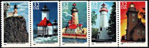 SC#2973a 32¢ Great Lakes Lighthouses Booklet Pane of Five: No Tab (1995) MNH