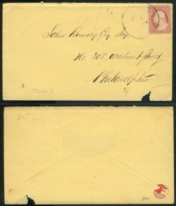 US Sc 25 Rose 3¢ Ty I Tied by a Black CDS on Cover to PHILADELPHIA Well Centered