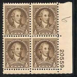 US  704 MNH 1932 1/2c ol brn Washington Bicent. Plate Block