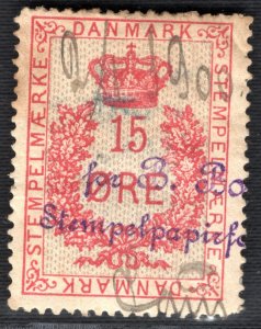 DENMARK Revenue Stamp 15 Ore Used ex Scandinavia Collection B2WHITE19