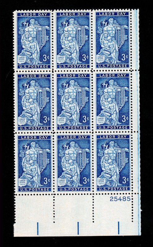 U.S. STAMP SCOTT #1082 LABOR DAY 3¢ CORNER PLATE BLOCK OF 9 XF 1956 MNH-OG 