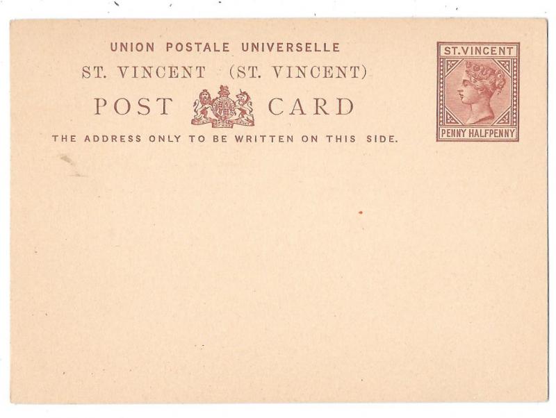 St Vincent British Colony 1 1/2d Victoria 1882 HG1 UPU Postal Stationery Card