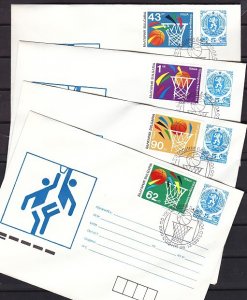 Bulgaria, Scott cat. 3652-3655. Basketball First Day on 4 Postal Envelopes.