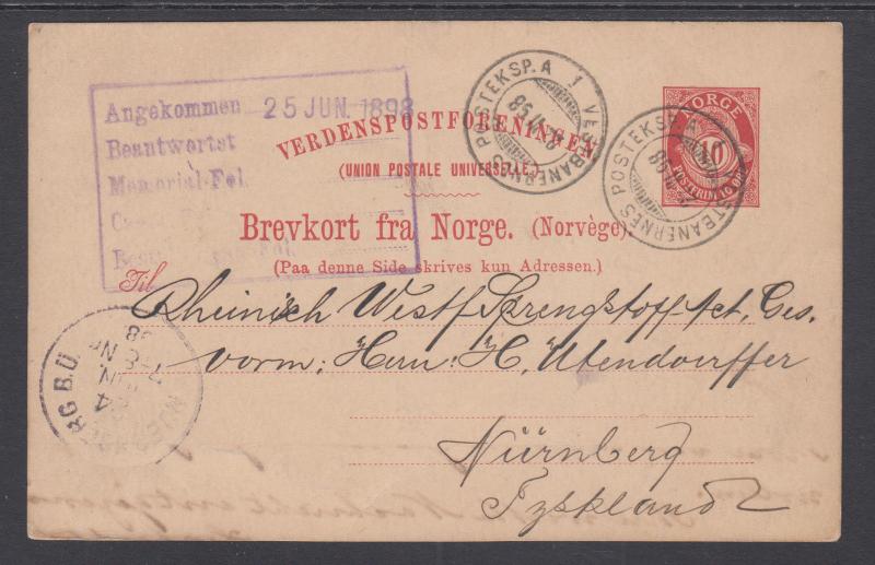 Norway H&G 44 used 1894 10o Postal Card to Nurnberg, Germany, F-VF