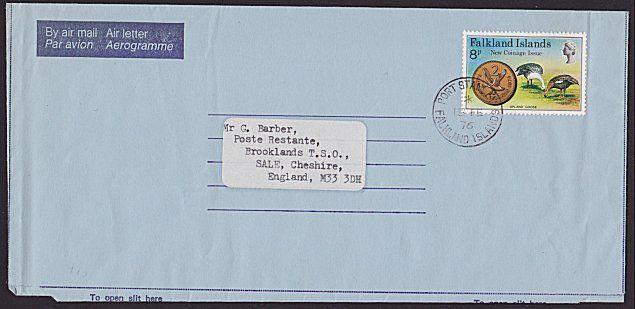 FALKLAND IS 1976 8p on formular airleter used Port Stanley to UK............4083