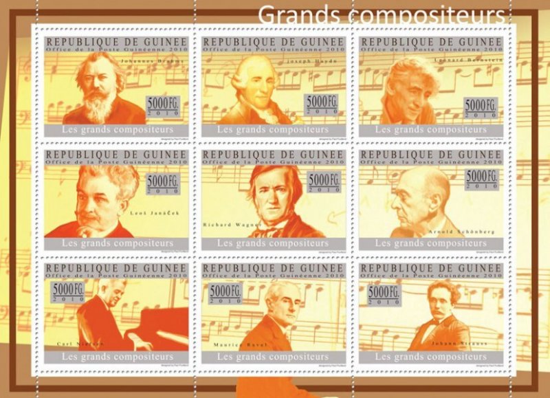 GUINEA - 2010 - Great Composers #1 - Perf 9v Sheet - Mint Never Hinged