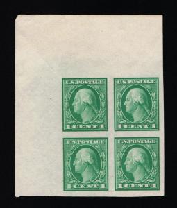 GENUINE SCOTT #481 XF MINT OG NH 1916 GREEN IMPERFORATE SHEET CORNER BLOCK OF 4