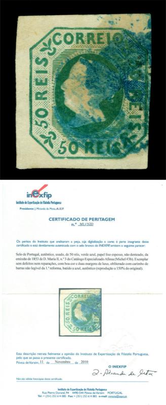 PORTUGAL 1853  Queen Maria  50reis blue green shade  Scott# 3a used VF w/ Cert.