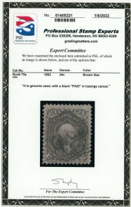 US Stamp #70a Washington 24c - PSE Cert - USED Black PAID cancel - CV $325.00 