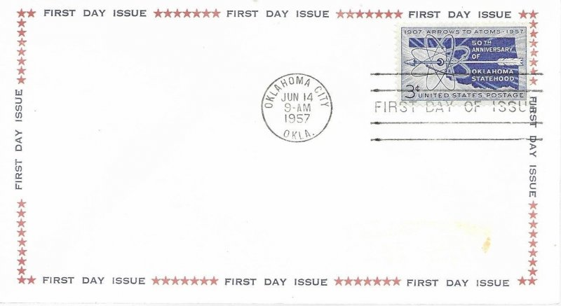 1957 FDC, #1092, 3c Oklahoma Statehood, FDI & Stars