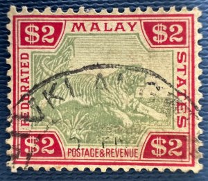 Malaya Federated Malay States FMS 1934 Tiger $2 PALE YELLOW FUsed SG#79 M5592
