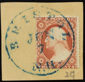 U.S. Used Stamp Scott # 26 3c Washington (on piece). SOTN Bristol NH Blue Cancel