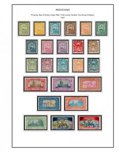 COLOR PRINTED INDOCHINA 1889-1949 STAMP ALBUM PAGES (35 illustrated pages)