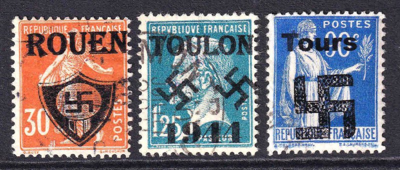 FRANCE OVERPRINTS x3 DIFFERENT USED F/VF SOUND ROUEN TOULON TOURS