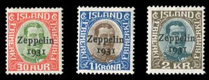 Iceland #C9-11 Cat$97, 1931 Zeppelin, set of three, hinged