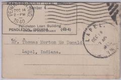 12/14/1940 cover ? Pendleton IN Draft Card to Thomas Mc Donald Lapel, IN MAILED