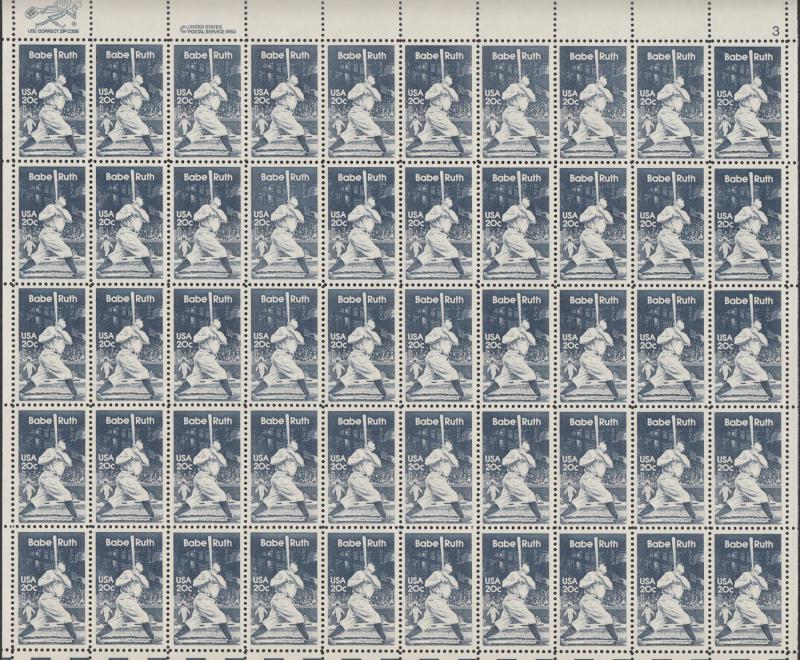 US #2046   Babe Ruth   Full sheet of 50  MNH