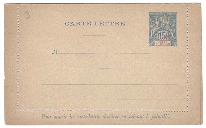 Benin 1892 15f Peace & Commerce lettercard unused