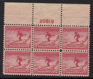 United States #716, Lake Placid block of 6, MH