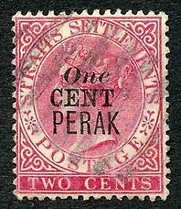 Perak SG35b One Cent type 32 on 2c Bright Rose Fine used Cat 55 pounds