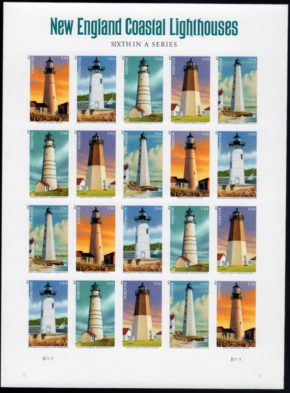 Scott #4795c (4791a-95) New England Lighthouses Full Sheet of 20 Stamps - Imperf