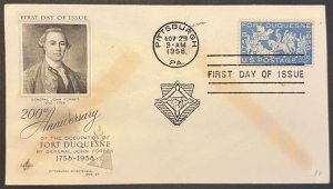 FORT DUQUESNE #1123 NOV 25, 1958 PITTSBURGH, PA FIRST DAY COVER (FDC) BX5