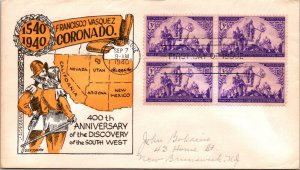 FDC 1940 SC #898 Glen Osborn Cachet - Albuquerque, NM - Block Of 4 - J4682