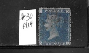 GREAT BRITAIN SCOTT #30 PLATE 14 1858-59 (BLUE) - WMK 20  - USED