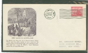 US 736 1934 3c Maryland Tercentenary (single) on an addressed (stencil) FDC with an unknown cachet