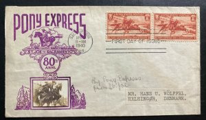 1940 Sacramento CA USA First Day Cover FDC To Denmark Pony Express 80th Annivers