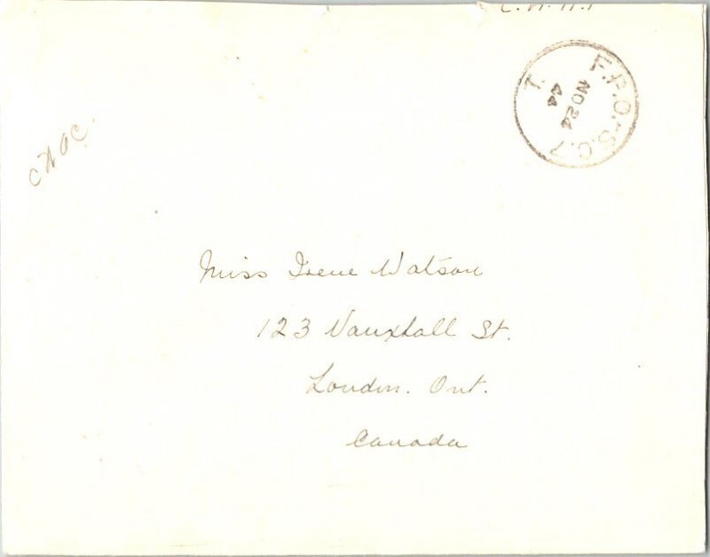 Canada Soldier's Free Mail 1944 F.P.O. S.C. 7 Canadian Military Headquarters,...
