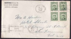 Canada-cover #10581-1c(4) KGVI war block of 4 to US - Middlesex County - London,
