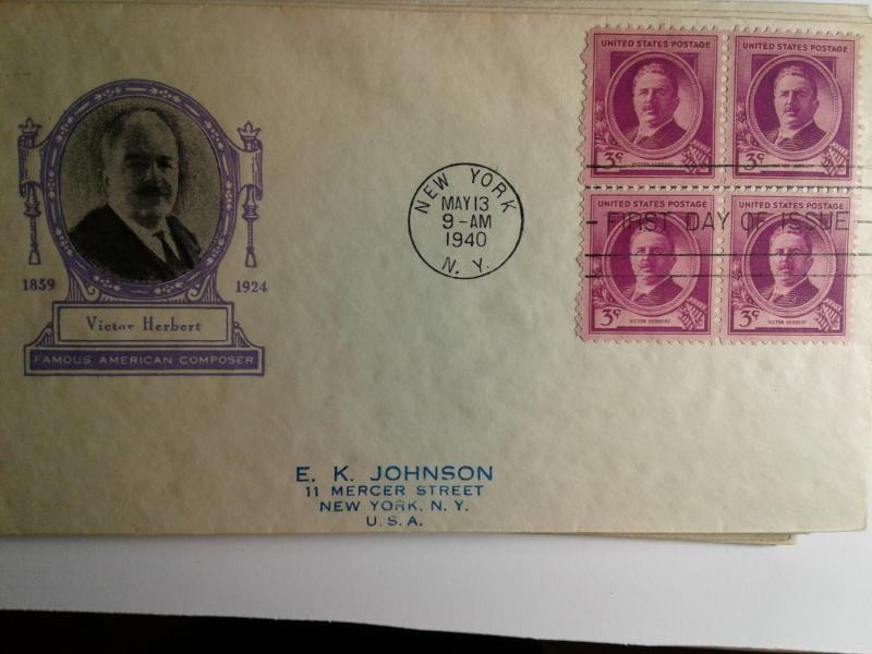 SCOTT # 881 BLOCK OF 4  FAMOUS AMERICANS  FIRST DAY OF ISSUE 1940