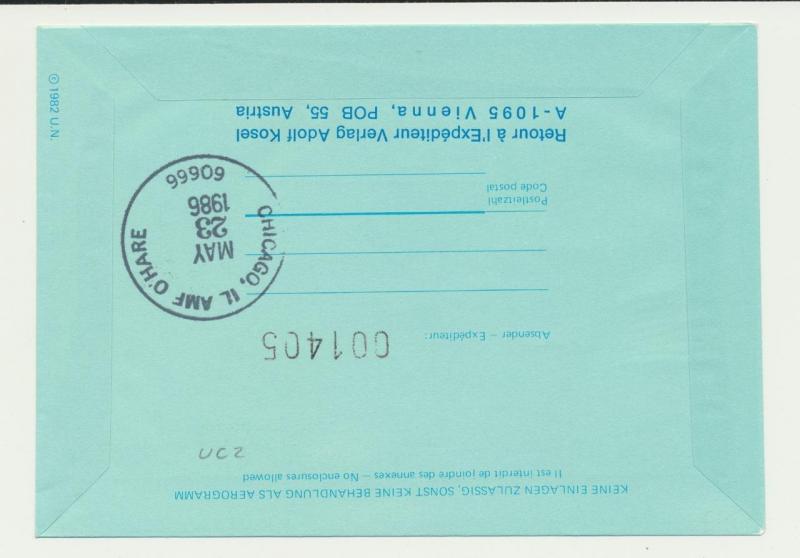 UN VIENNA1986 SPECIAL AMERIPEX FLIGHT AEROGRAMME, SCARCE ON GENEVA UC-2 SURCHARG