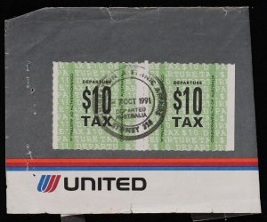 AUSTRALIA 1991 $10 Departure Tax label pair on United ticket cover. Scarce.