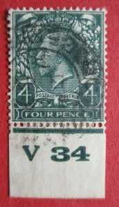 SG424 George V 1924-26 Harrison 4d Grey Green Imperf Control V34 CDS Used