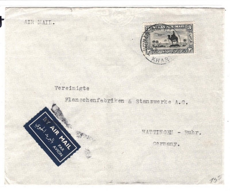 SUDAN Air Mail Cover ENGINEER Khartoum 1937 GERMANY Hattingen {samwells}MA244