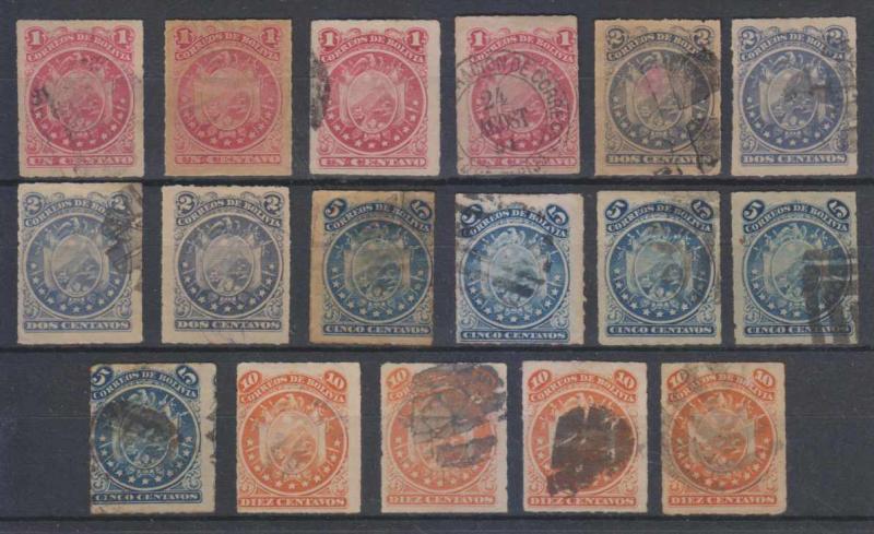 BOLIVIA 1887 ROULETTED ISSUE Sc 24-27 (17x) FULL SET SHADES USED SCV$96.00+ 