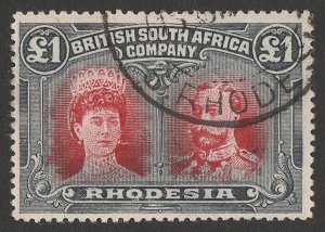 RHODESIA 1910 KGV Double Head £1 red & black, perf 15. with Certificate. 