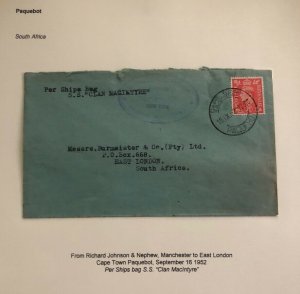 1952 England Paqueboat Cover To East London South Africa Via SS Clan Macintyre