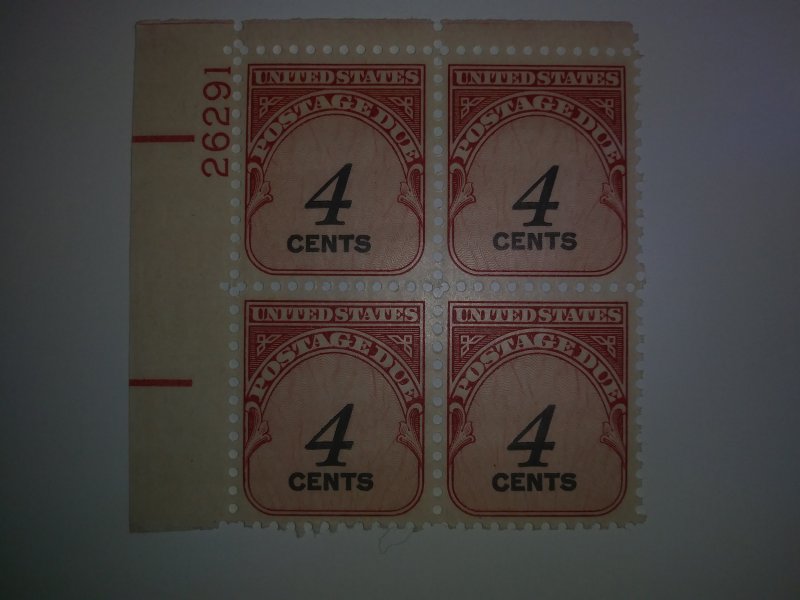 SCOTT #J92 FOUR CENT UNITED STATES POSTAGE DUE PLATE BLOCK BEAUTIFUL