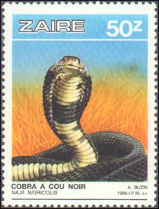 Zaire #1231-1236, Complete Set(6), 1987, Snakes, Reptiles, Hinged