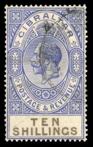 Gibraltar #91 Cat$80, 1921 10sh ultramarine and black, used