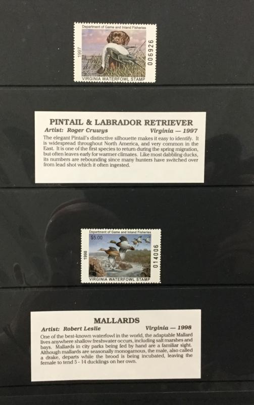 (BJ Stamps) VIRGINIA STATE DUCK STAMP collection (6). 1993-1998. VF, MNH.