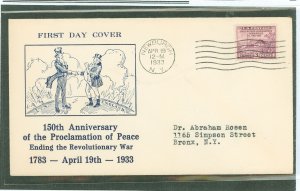 US 727 1933 3c Washington headquarters - Revolutionary War Peace Proclamation on an addressed first day cover with a hacker cach