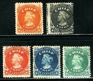 Chile #15-#19 1867 1c-20c Christopher Columbus with Used 2c EFO, Unused Set of 5