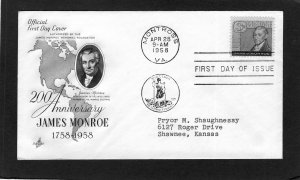 1105 James Monroe, FDC Art Craft cachet addressed