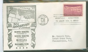 US 858 1939 50th anniversary of montana statehood, single on an addressed, typed fdc with an anderson cachet